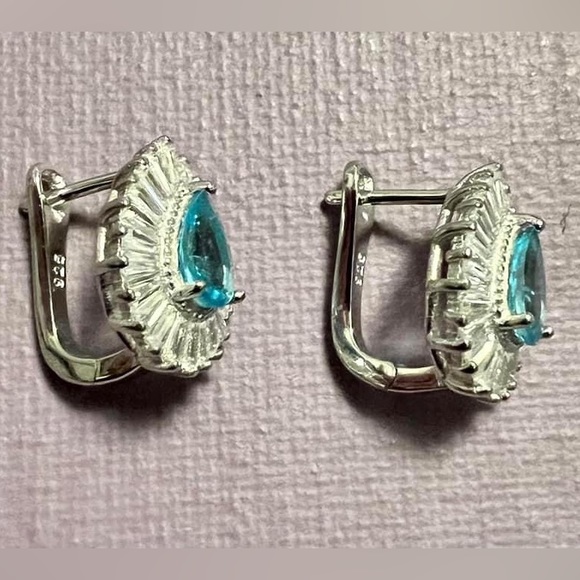 Intense Untreated Neon Blue Apatite and CZ Sterling Silver Earrings - Picture 2 of 3